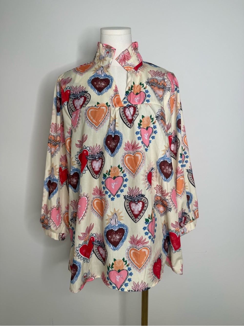 Cream Heart Print Button-Front Blouse
